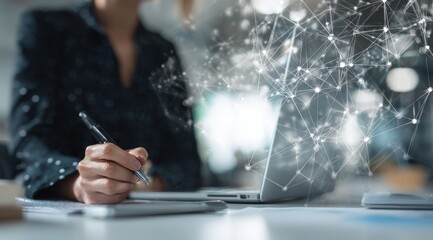 Woman Writing in Notebook at Desk with Glowing Network Graphic Overlay