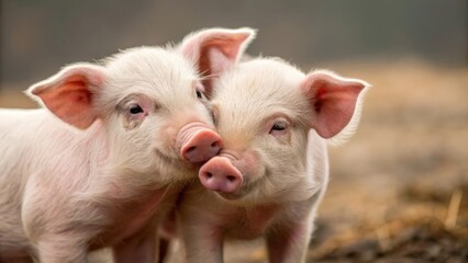Fototapeta premium Two piglets snuggling together — sharing warmth and friendship