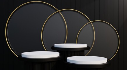 White and black podium. Black background with neon lights for advertising premium popular technology products. 3d illustration.