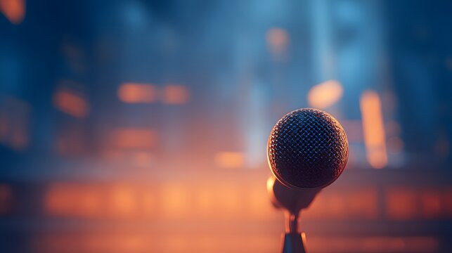 Blur interior Investor pitch hall as seen from inside a presenter’s podium microphone grille, warm stage amber and cool monitor blue palette