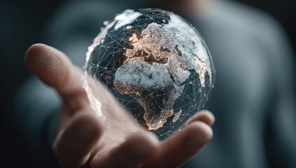 A hand holds a holographic globe of the Earth.  Network lines connect continents