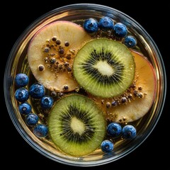 Fruit slices in clear bowl, top view