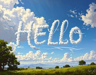 Clouds spelling "Hello" over a landscape