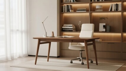 A simple and bright study room, with a desk, a computer and a wall - to - wall bookshelf, creates a comfortable atmosphere for office and study.