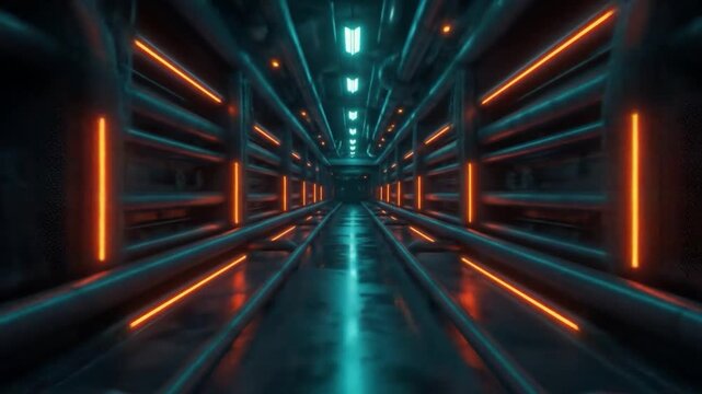 Abstract neon lit corridor with parallel pipes and vibrant lighting for futuristic backgrounds
