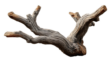 Gnarly weathered driftwood branch isolated on transparent background