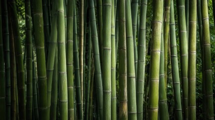 Obraz premium A dense thicket of tall bamboo stalks with varying shades of green in a lush forested area,