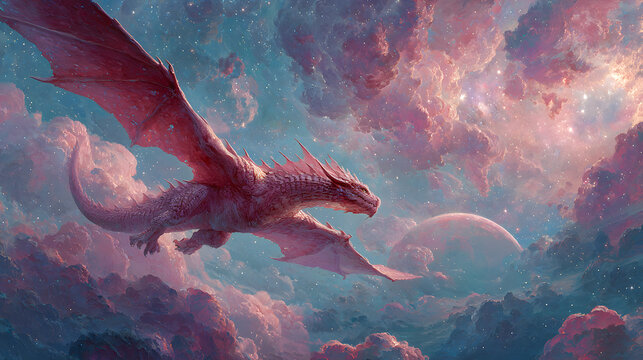 Celestial Dragon Soaring Through a Vibrant Cosmic Neula With Distant Planets ad Shimmering Stars in a Fatasy Art Style
