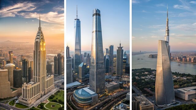 Captivating urban skyline showcasing iconic skyscrapers from various angles during the golden hour - Powered by Adobe