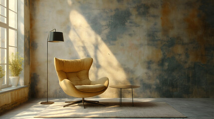 Minimalist living room interior with gray graphite textured wall and yellow chair with copy space