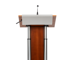 Elegant podium with polished wood surface and metal stand, isolated on white.