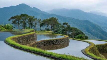 Obraz premium A serene landscape of terraced rice paddies in a lush valley,