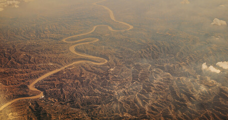China. View From Airplane Window On Yongding River. Largest River To Flow Through Beijing. Aerial View On Mountainous Terrain. Mountainous Landscape. Wuding River Or Unfixed River Because Its Flow Was