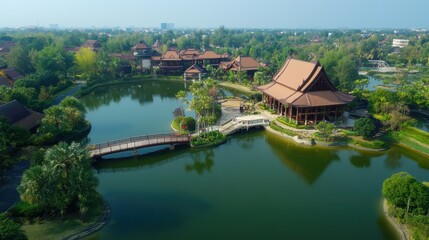 Obraz premium A scenic view of a serene lakeside resort featuring traditional architecture surrounded by lush greenery and tranquil waters.