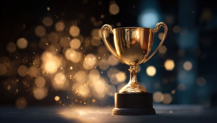 A golden trophy shines amidst a blurred, sparkling background, symbolizing achievement and victory in competitions.