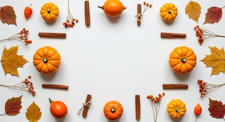 Autumnal frame of miniature pumpkins, cinnamon sticks, berries, and leaves on white background.