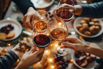 Group Toast with Red and White Wine
