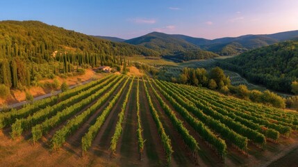 Naklejka premium Expansive aerial view of a lush green vineyard with neat rows of grapevines on rolling hills, dense forested terrain,