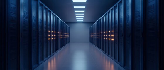 Fototapeta premium A sleek, high-tech data center corridor lined with server racks, illuminated by overhead lights, showcasing a modern computing environment.