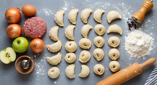 Uncooked pierogi ingredients overhead