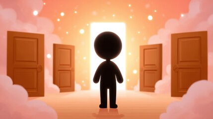 An illustration in cartoon style of a silhouette person standing before multiple open glowing doors, symbolizing acceptance and learning new things.