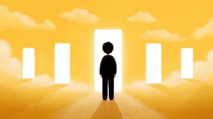 An illustration in cartoon style of a silhouette person standing before multiple open glowing doors, symbolizing acceptance and learning new things.