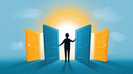 An illustration in cartoon style of a silhouette person standing before multiple open glowing doors, symbolizing acceptance and learning new things.