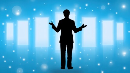 An illustration in cartoon style of a silhouette person standing before multiple open glowing doors, symbolizing acceptance and learning new things.