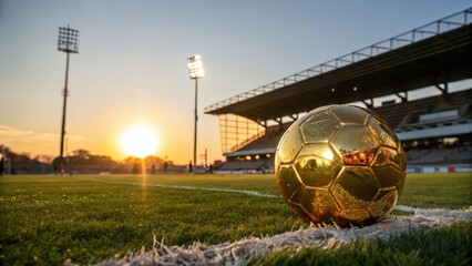 Golden rugby ball trophy on stadium field at sunset with stadium lights and sunburst