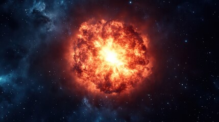 Obraz premium A vibrant explosion in space, showcasing fiery orange and red hues against a dark starry background, representing cosmic phenomena.