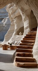 Cave-like structure with wooden stairs