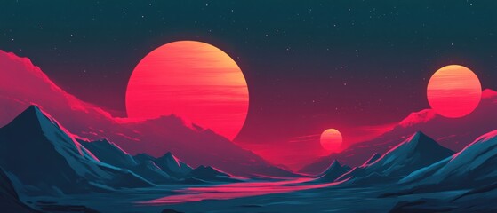 A vibrant, surreal landscape featuring three large suns setting over a mountain range, illuminating the sky in shades of pink and blue.