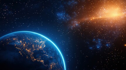 Obraz premium A stunning view of Earth in space, illuminated by city lights, with a background of twinkling stars and a vibrant cosmic burst.