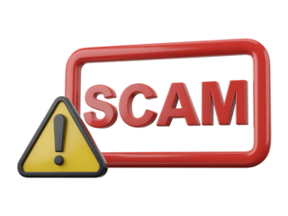 Warning sign with the word scam in a red frame against a black background