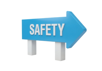 Isolated 3D render blue arrow directional signpost pointing right with white "SAFETY" text