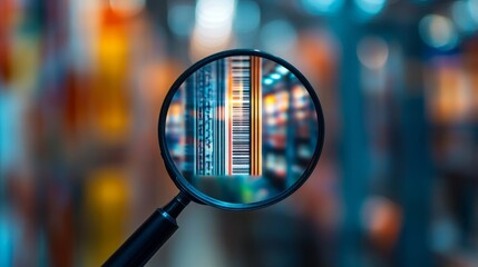 Detailed examination of a barcode under a magnifying glass in a retail environment close-up perspective focus on data encoding