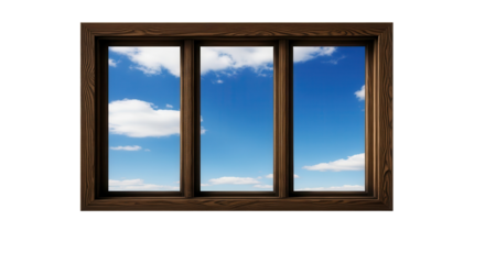 Isolated Dark Wood Three Pane Window Frame View of Blue Sky and White Clouds