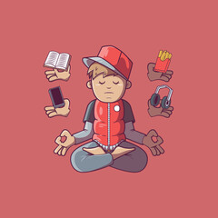 Kid relaxing while meditating vector illustration. Mascot, meditation design concept.