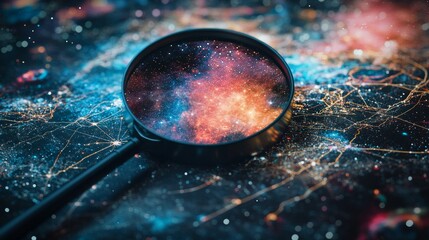Exploring celestial maps through a magnifying glass space visual art cosmic environment close-up view astronomy concept