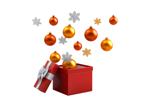 Red Gift Box With Orange Christmas Ornaments And Glitter Stars isolated on a transparent background
