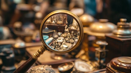 Scrutinizing vintage collectibles with a magnifying glass antique shop photography indoor close-up detailed examination