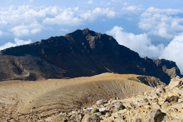 長野県の御嶽山、剣ヶ峰から望む王滝奥の院付近の山稜と噴火口縁