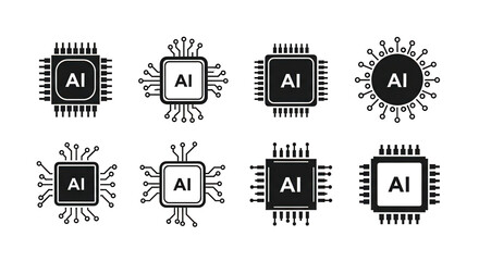 Big set of AI Chip Icons. Artificial Intelligence Processor collection. Black Vector symbols.