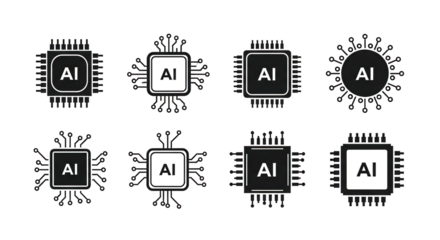 Big set of AI Chip Icons. Artificial Intelligence Processor collection. Black Vector symbols.