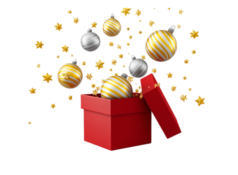 Red Gift Box Overflowing With Christmas Ornaments and Gold Stars isolated on a transparent background - Powered by Adobe