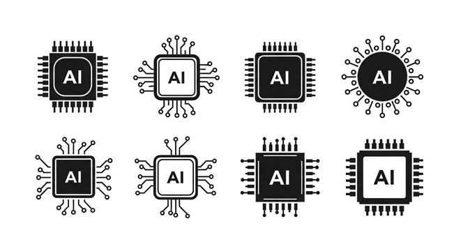 Big set of AI Chip Icons. Artificial Intelligence Processor collection. Black Vector symbols.