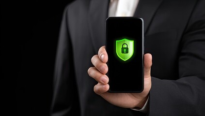 Close-up of a hand holding a smartphone displaying a glowing green security shield and lock icon
