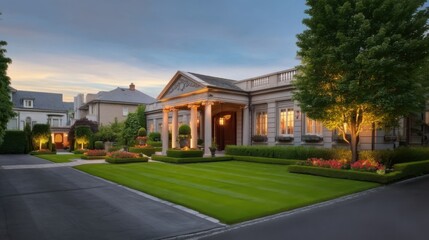 Fototapeta premium A grand mansion with classical architecture features prominent columns, manicured hedges, and elegant detailing,