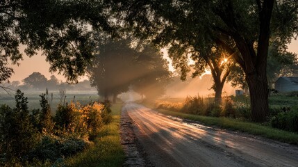Rustic country road bathed in golden sunrise