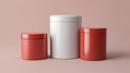 Tres recipientes de diferentes texturas y colores alineados sobre un fondo rosado.